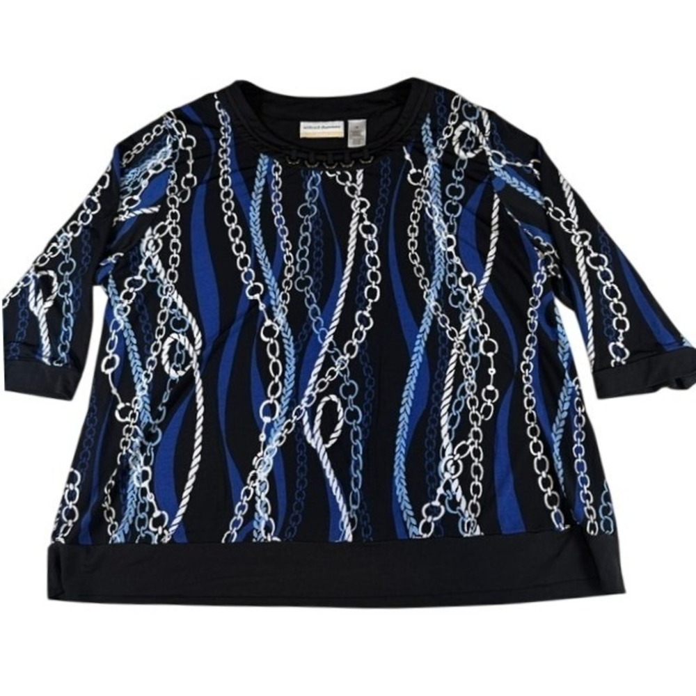 Alfred Dunner Woman Black Blue White Chain Link Print 3/4 Sleeve Tunic Blouse 2X